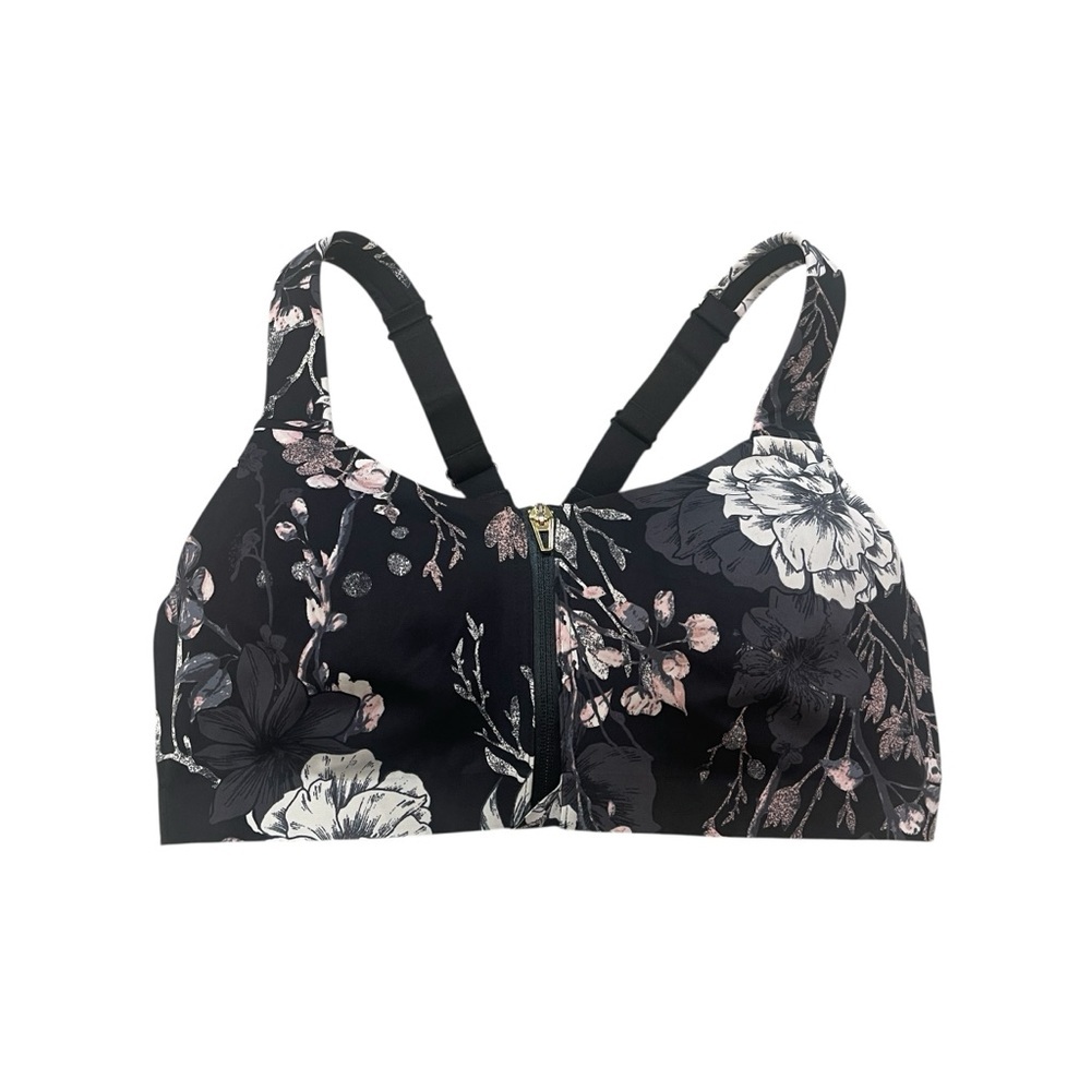 Victoria’s Secret Knockout Zip Front Closure Black Floral Sports Bra Women’s 34D
